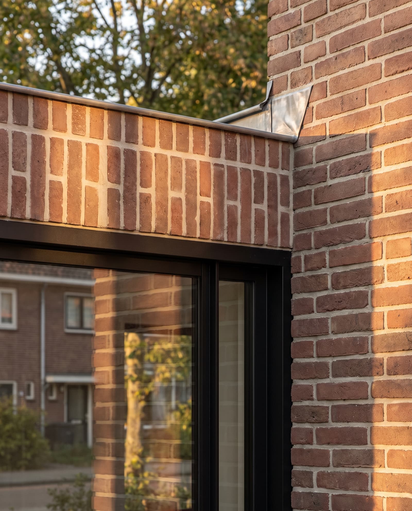 Aansluiting van nieuw en bestaand metselwerk met aluminium kozijn en zinken daktrim